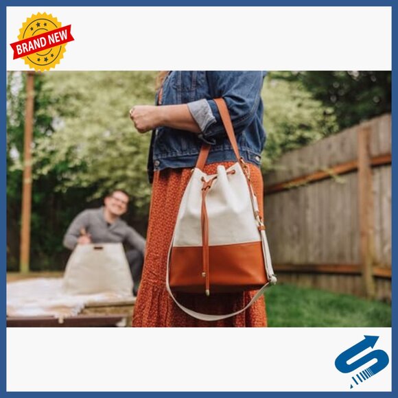 Canvas & Vegan Leather Tote with Drawstring Closure, Adjustable Strap - Picture 5 of 7